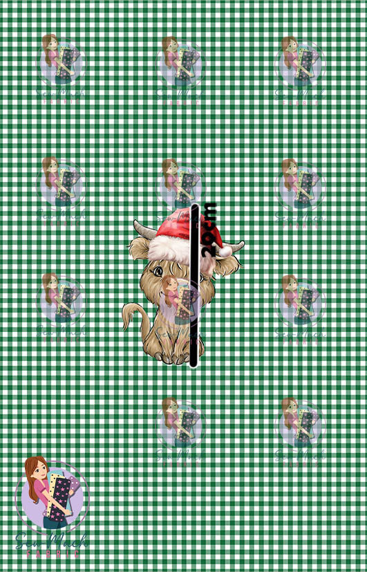 CHRISTMAS Pre-Order: Highland Cow Green Gingham PANEL