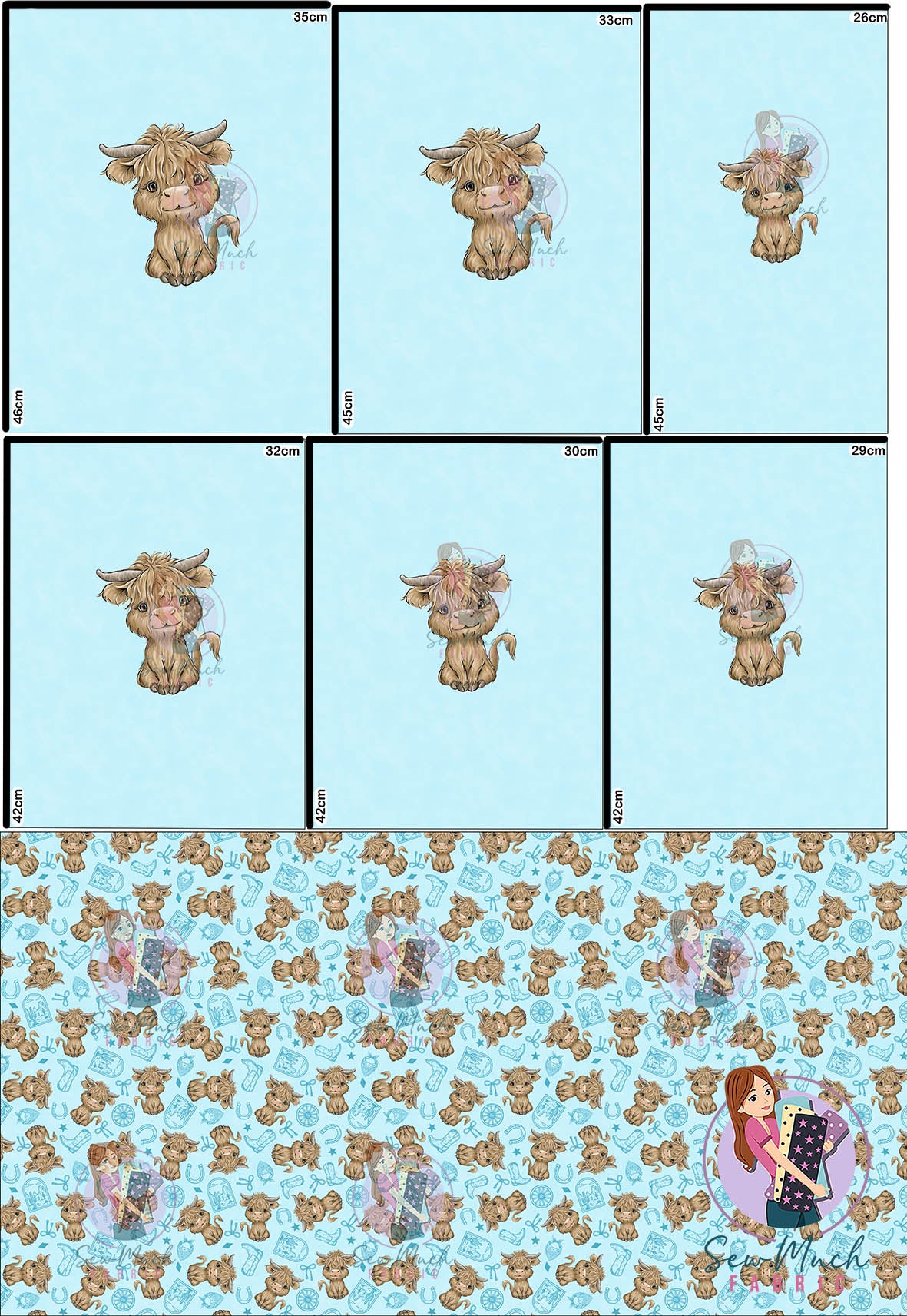 AUGUST Pre-Order (2): Highland Cow Western Blue 'PANEL FOR ROMPERS'