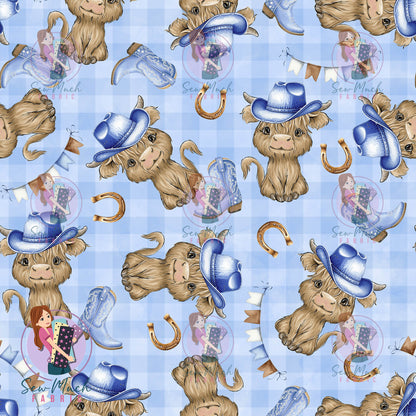 Highland Cows Blue Gingham | Woven | Retail | Average Scale