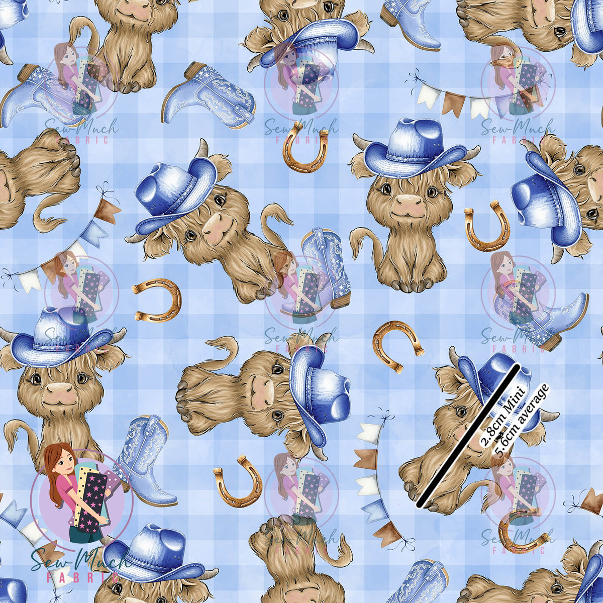 Highland Cow Blue Gingham Western | Knit | Retail | Average Scale