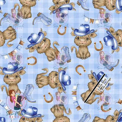 Highland Cow Blue Gingham Cowboy | MINKY | Retail | Average Scale