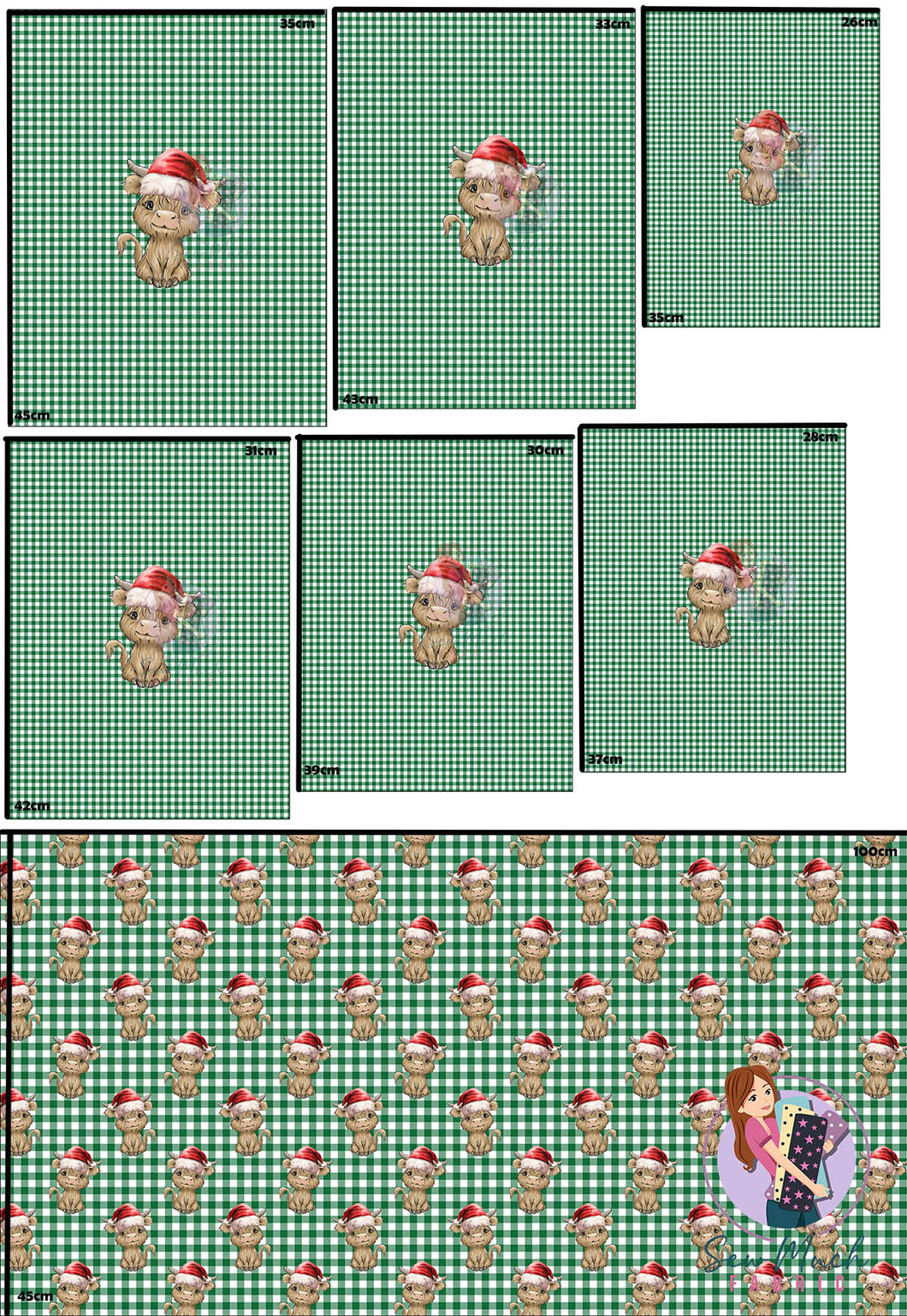 CHRISTMAS Pre-Order: Highland Cow Green Gingham 'PANEL FOR ROMPERS'