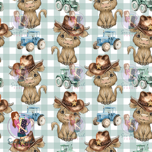 Highland Cow Tractor Gingham | Waterproof Canvas | Retail | Average Scale