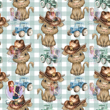 Load image into Gallery viewer, Highland Cow Tractor Gingham | Woven | Retail | Average Scale

