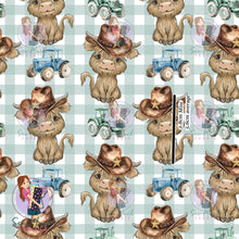 Load image into Gallery viewer, Highland Cow Tractor Gingham | Woven | Retail | Average Scale
