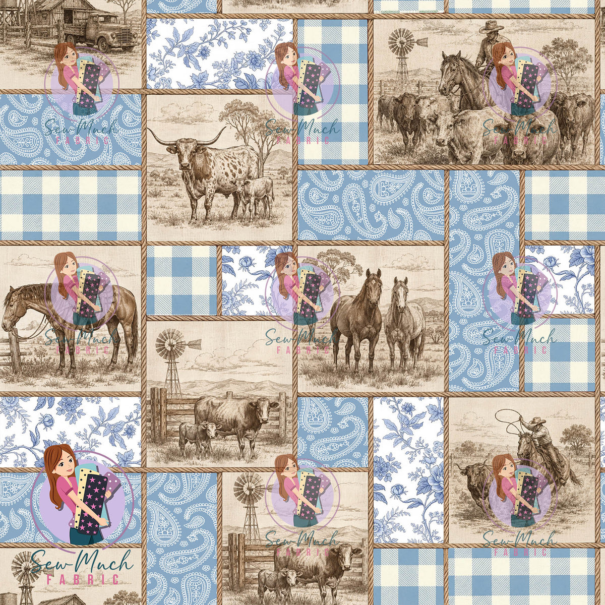 Western Patchwork Vintage Blue | TWILL | Retail | Average Scale