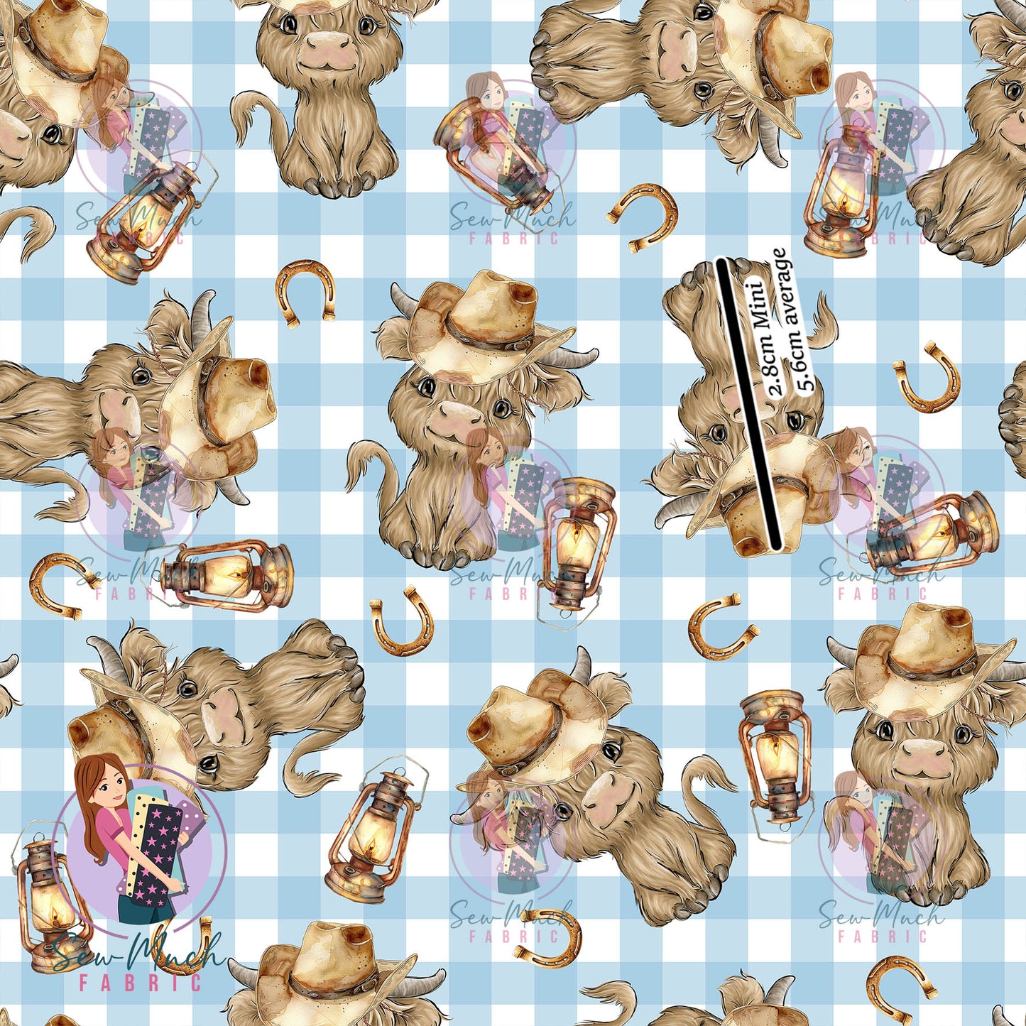 Highland Cows Blue Gingham | MINKY | Retail | Average Scale