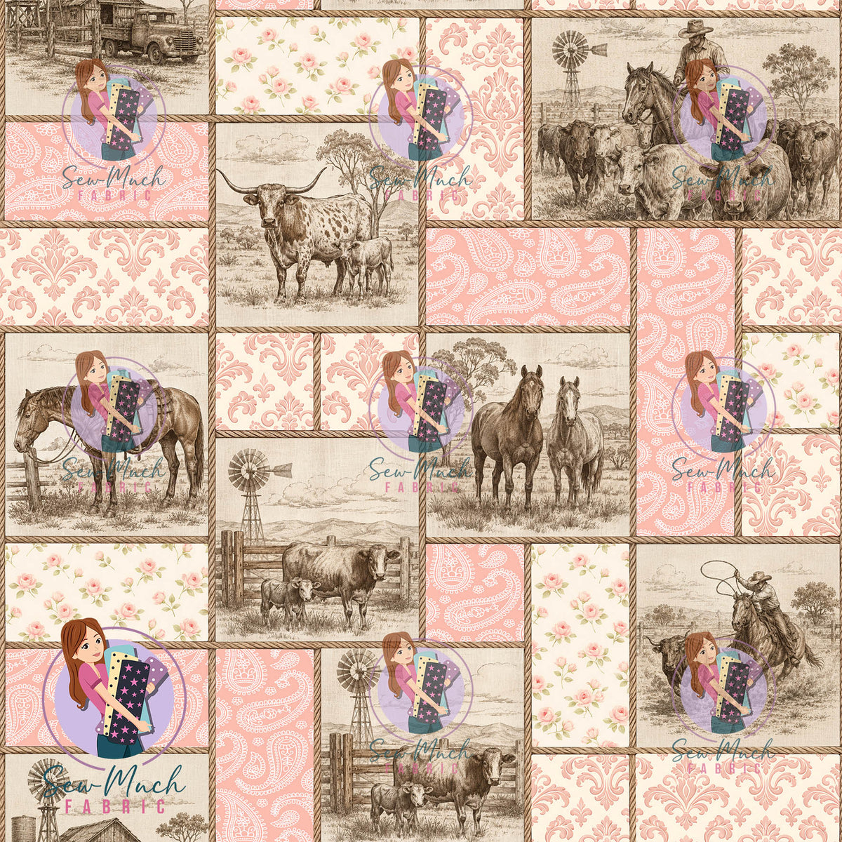 Western Patchwork Vintage Pink | Woven | Retail | Average Scale
