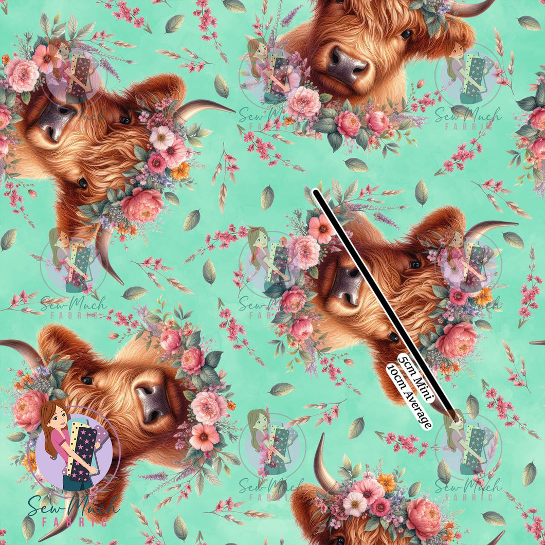 Highland Cow Green Floral | Canvas | Retail | Average Scale