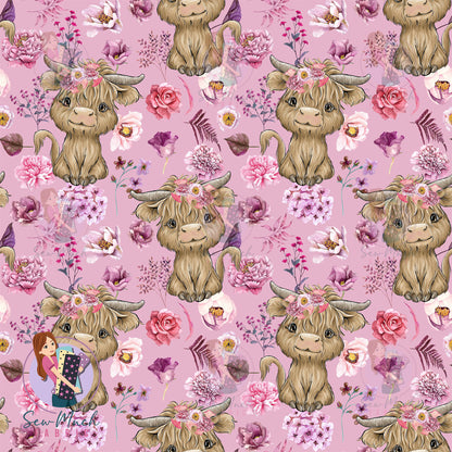 Highland Cow Floral Pink | Woven | Retail | MINI Scale