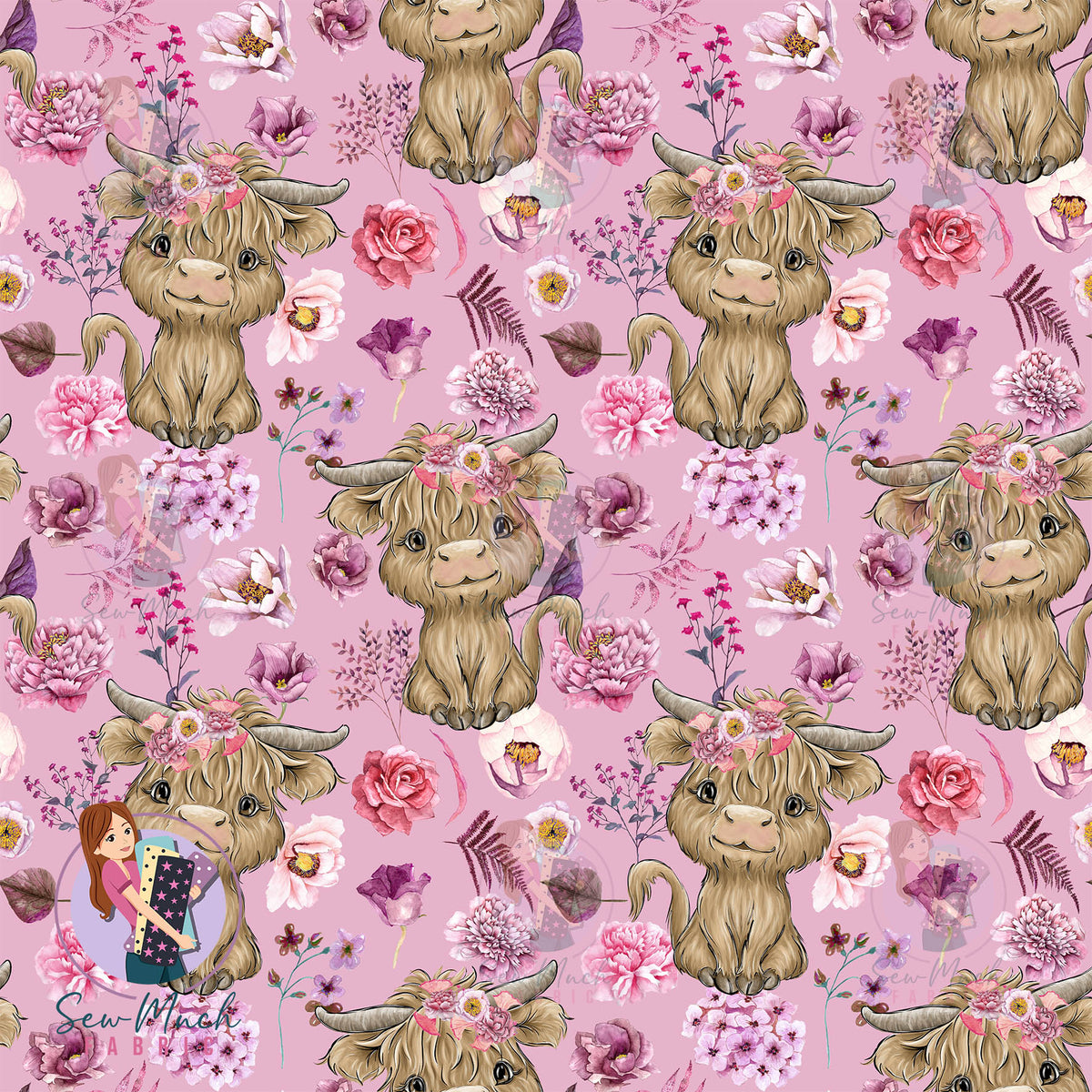 Highland Cow Floral Pink | Knit | Retail | Average Scale