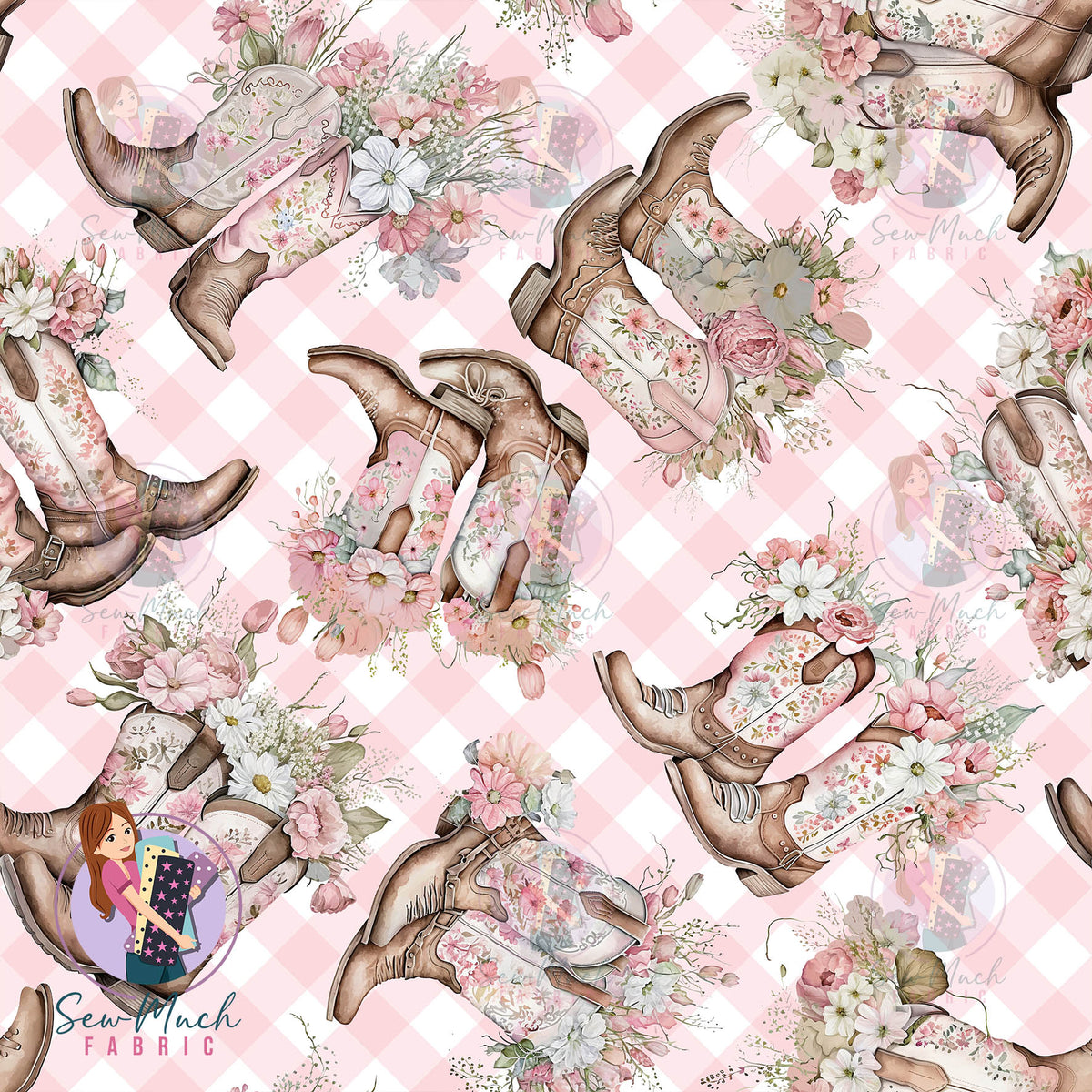 Pink Floral Boots Gingham | Woven | Retail | Average Scale