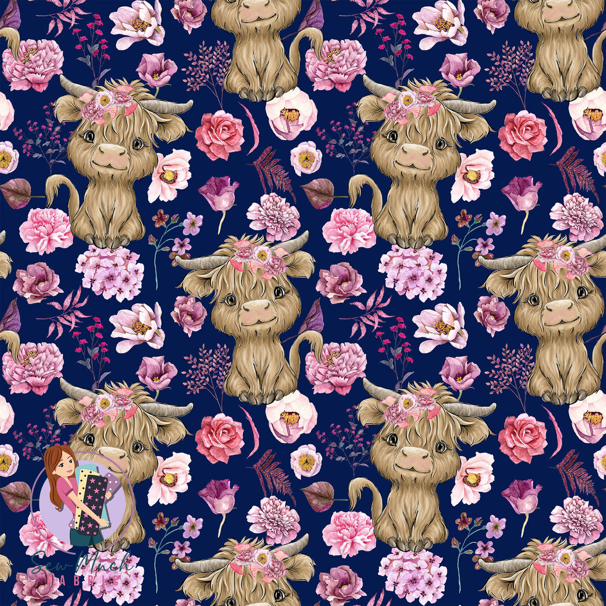Highland Cow Pink Floral Navy | Woven | Retail | MINI Scale