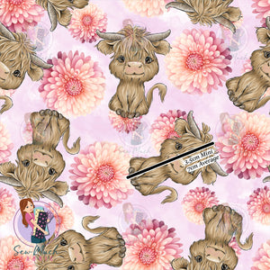 Highland Cow Pink Floral | French Terry | Retail | Average scale