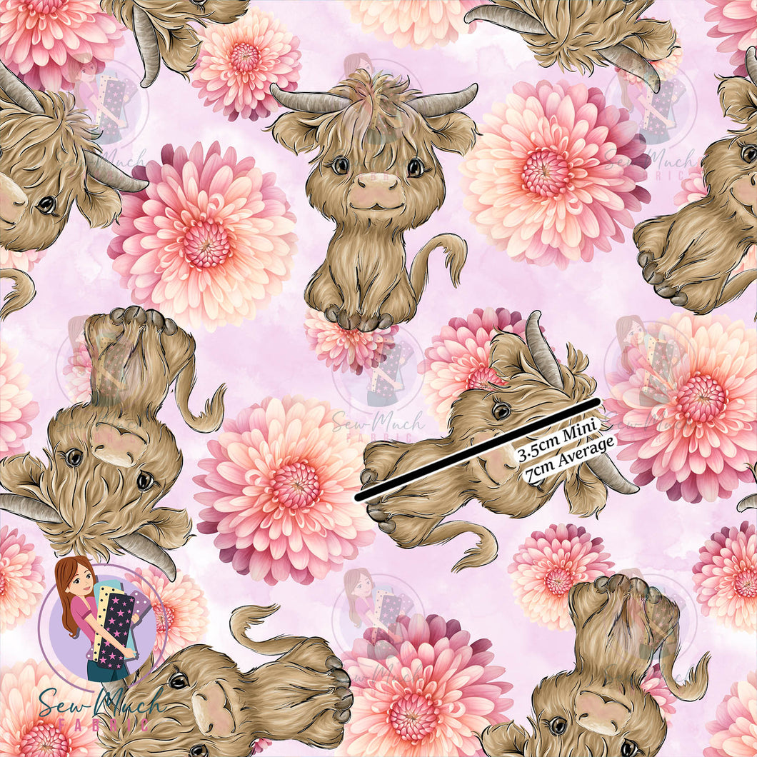 Highland Cow Pink Floral | French Terry | Retail | Average scale