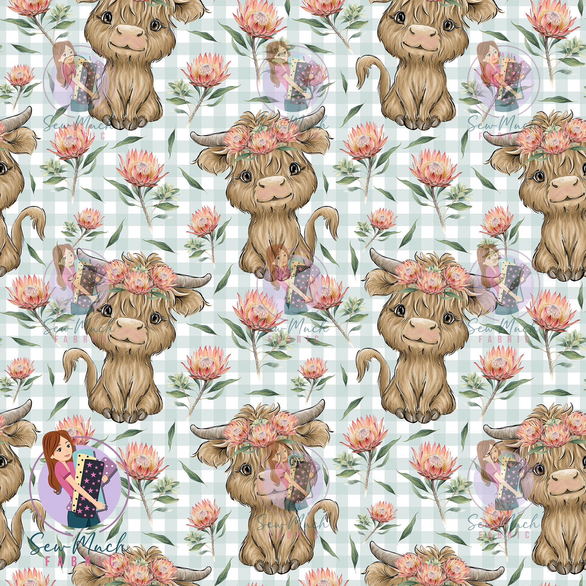 Highland Cows Aussie Flora Gingham | Woven | Retail | Average Scale