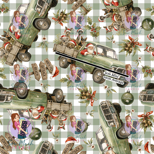 Christmas: Aussie Christmas Ute Green Gingham | Woven | Retail | Average Scale
