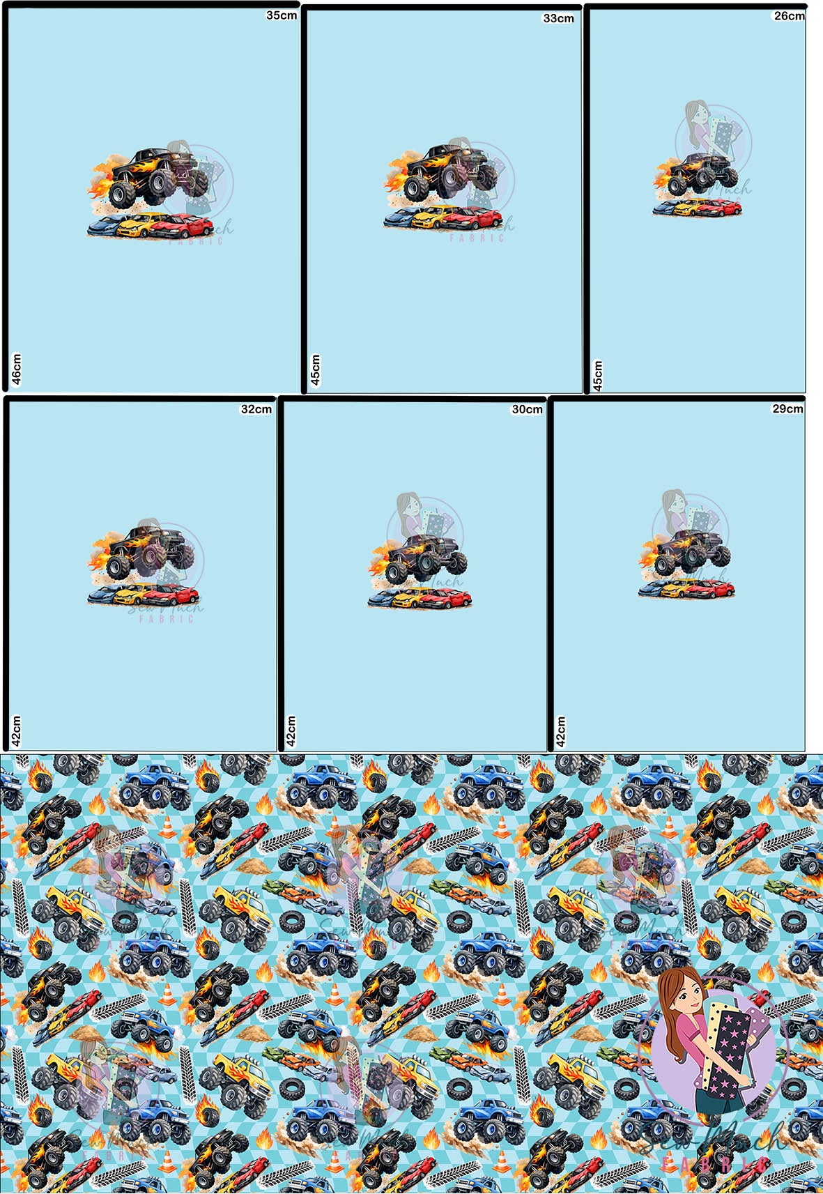 OCTOBER Pre-Order (1): Monster Trucks Blue 'PANEL FOR ROMPERS'
