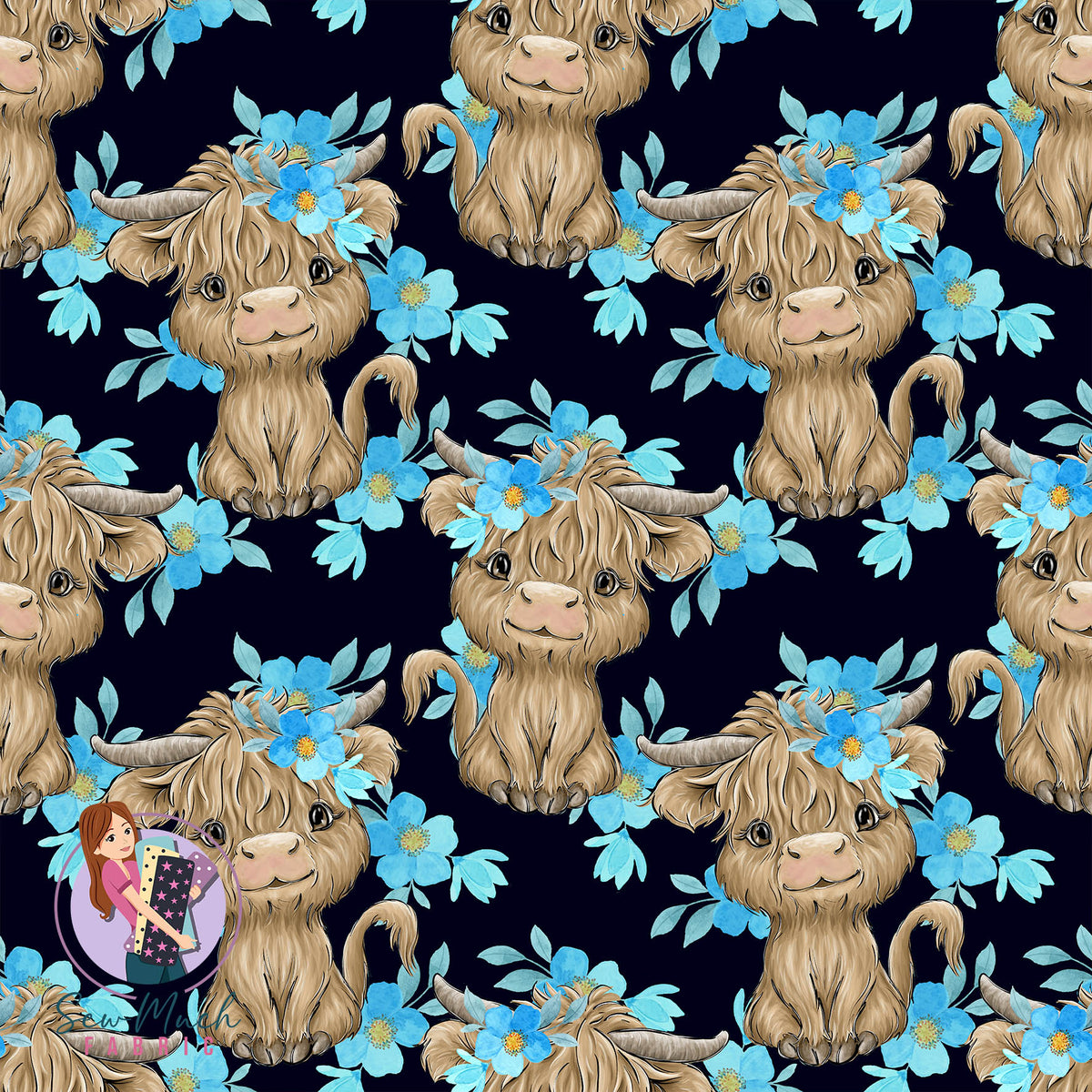 Highland Cow Blue Floral | Canvas | Retail | Average Scale
