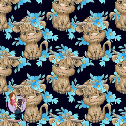 Highland Cow Blue Floral | Canvas | Retail | Average Scale