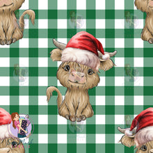 Load image into Gallery viewer, REMNANT: Christmas Highland Cow green | Woven | Retail | Average Scale (WOF x 45cm)
