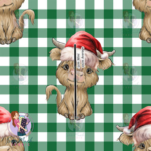 REMNANT: Christmas Highland Cow green | Woven | Retail | Average Scale (WOF x 45cm)