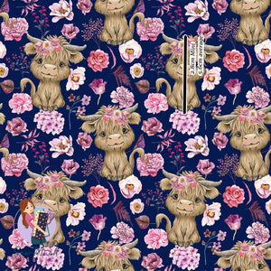 Highland Cow Pink Floral Navy | Knit | Retail | Average Scale