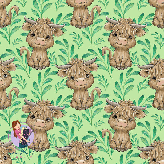 Highland Cows Green Leaves. | Knit | Retail | Average Scale