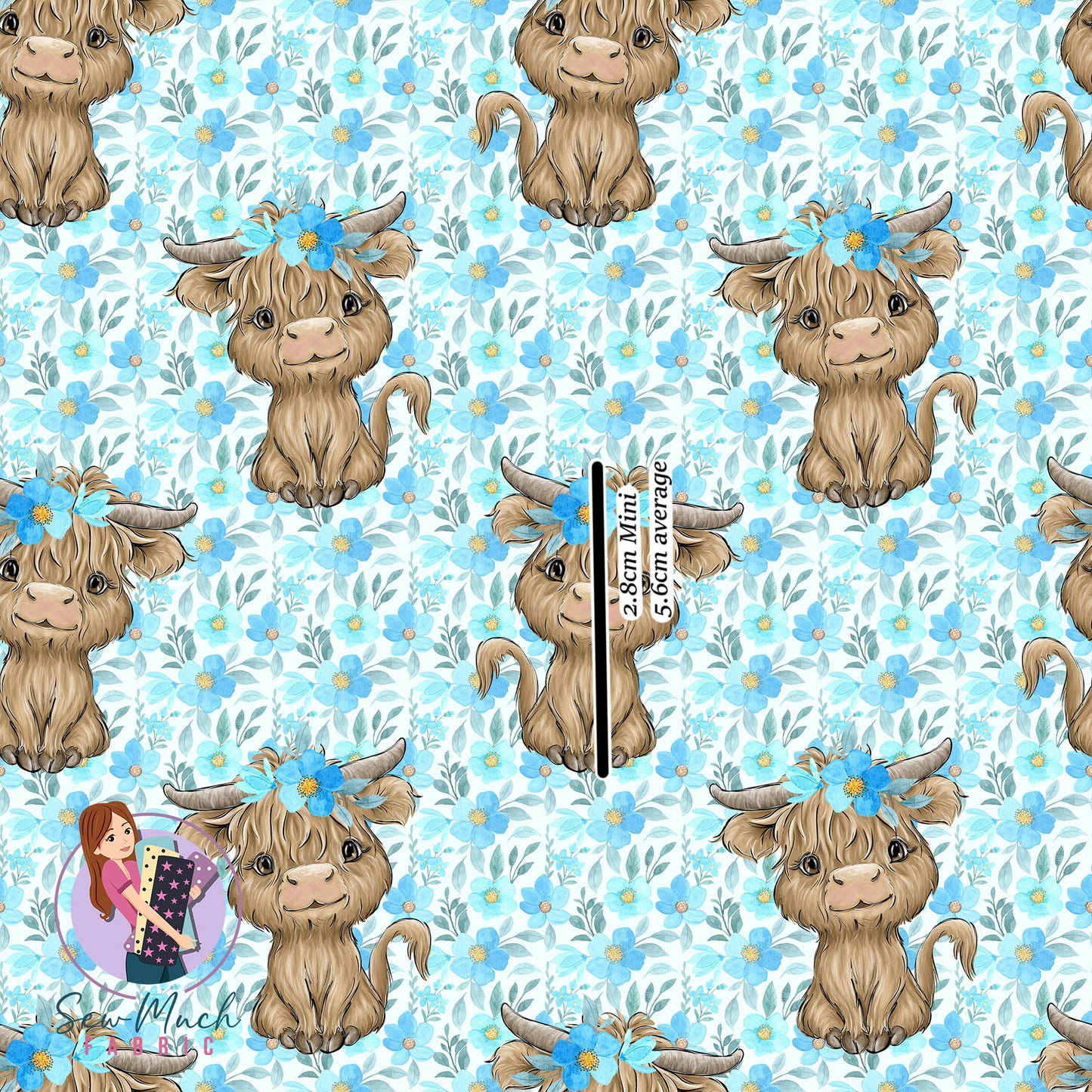 Highland Cows Blue Floral | Knit | Retail | Average Scale