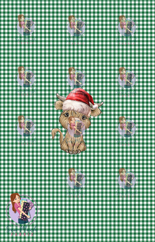 CHRISTMAS Pre-Order: Highland Cow Green Gingham PANEL