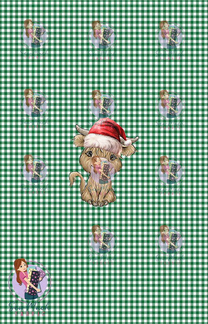 CHRISTMAS Pre-Order: Highland Cow Green Gingham PANEL