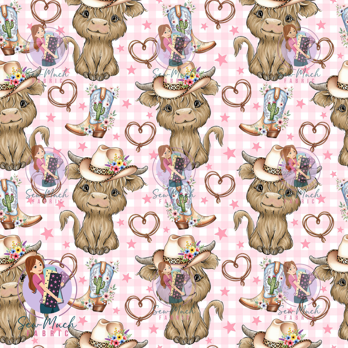 Highland Cows Pink Gingham Star | Knit | Retail | Average Scale