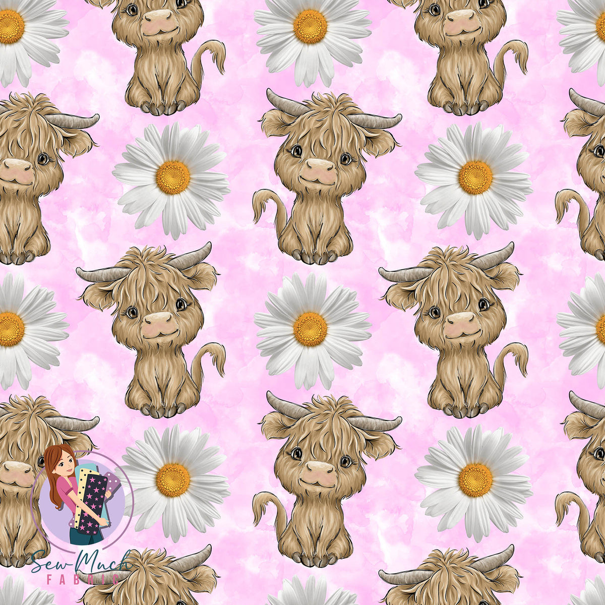 Highland Cows Daisy Pink | Woven | Retail | MINI Scale
