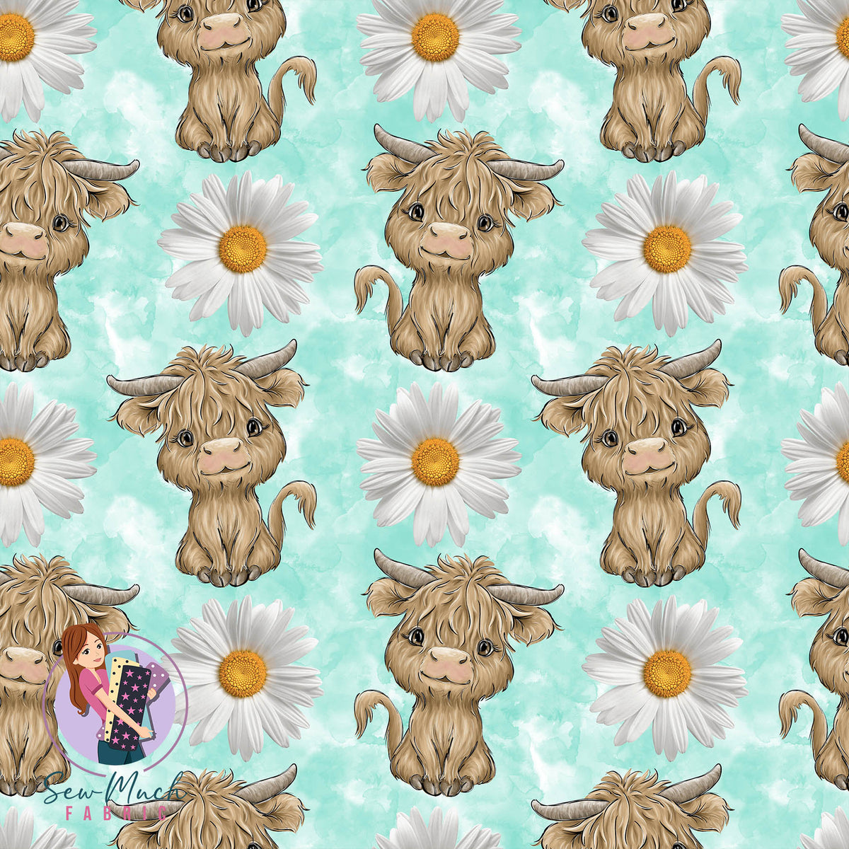 Highland Cow Aqua Daisy | Woven | Retail | MINI Scale