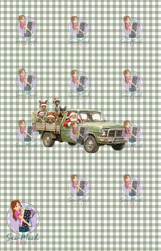 CHRISTMAS Pre-Order: Santa's Outback Delivery Green Gingham PANEL