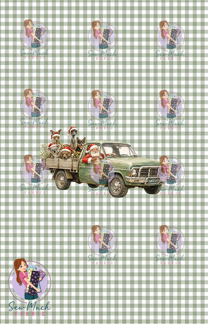 CHRISTMAS Pre-Order: Santa's Outback Delivery Green Gingham PANEL