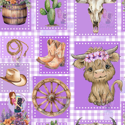 Highland Cow Patchwork Purple | MINKY | Retail | Average Scale