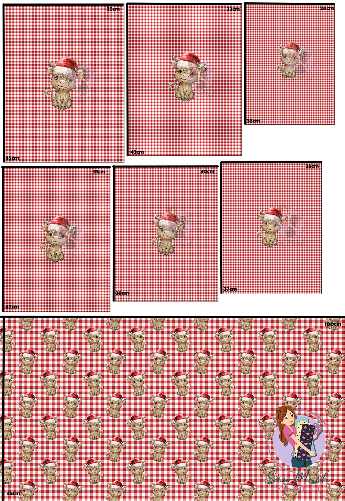 CHRISTMAS Pre-Order: Highland Cow Red Gingham 'PANEL FOR ROMPERS'