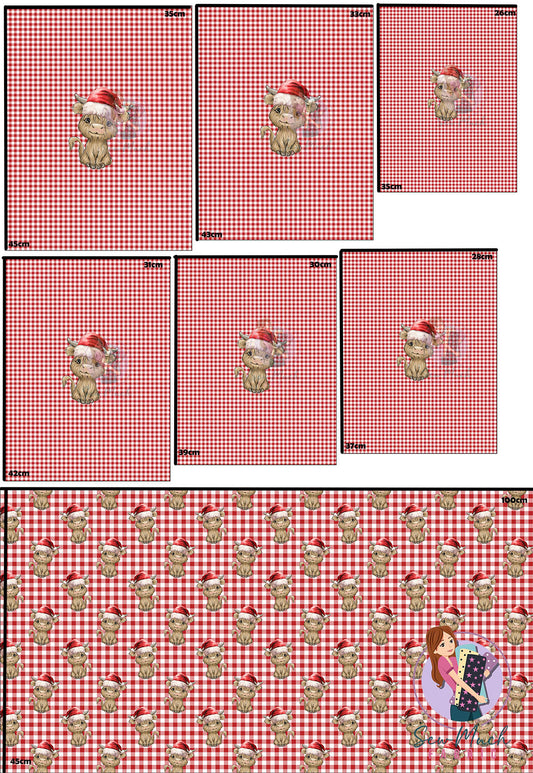 CHRISTMAS Pre-Order: Highland Cow Red Gingham 'PANEL FOR ROMPERS'