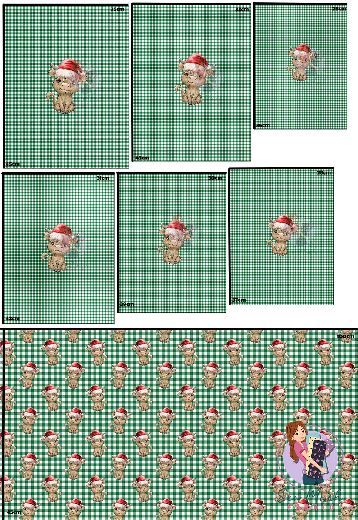 CHRISTMAS Pre-Order: Highland Cow Green Gingham 'PANEL FOR ROMPERS'