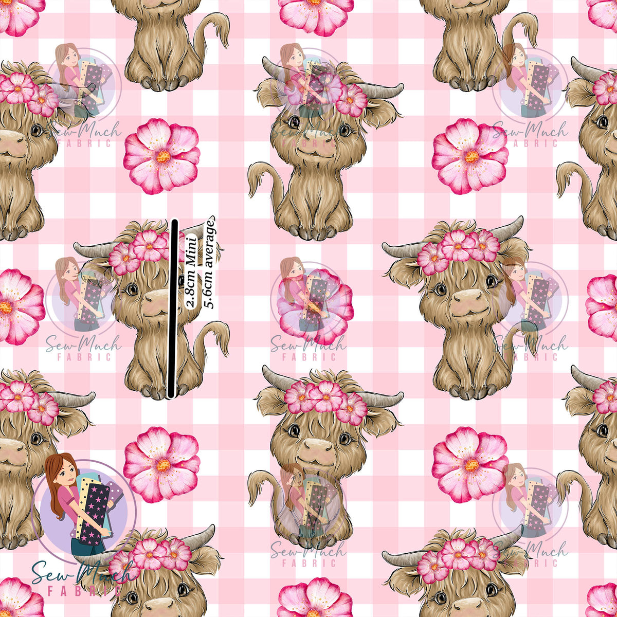 Highland Cow Pink Gingham Floral | Woven | Retail | Average Scale