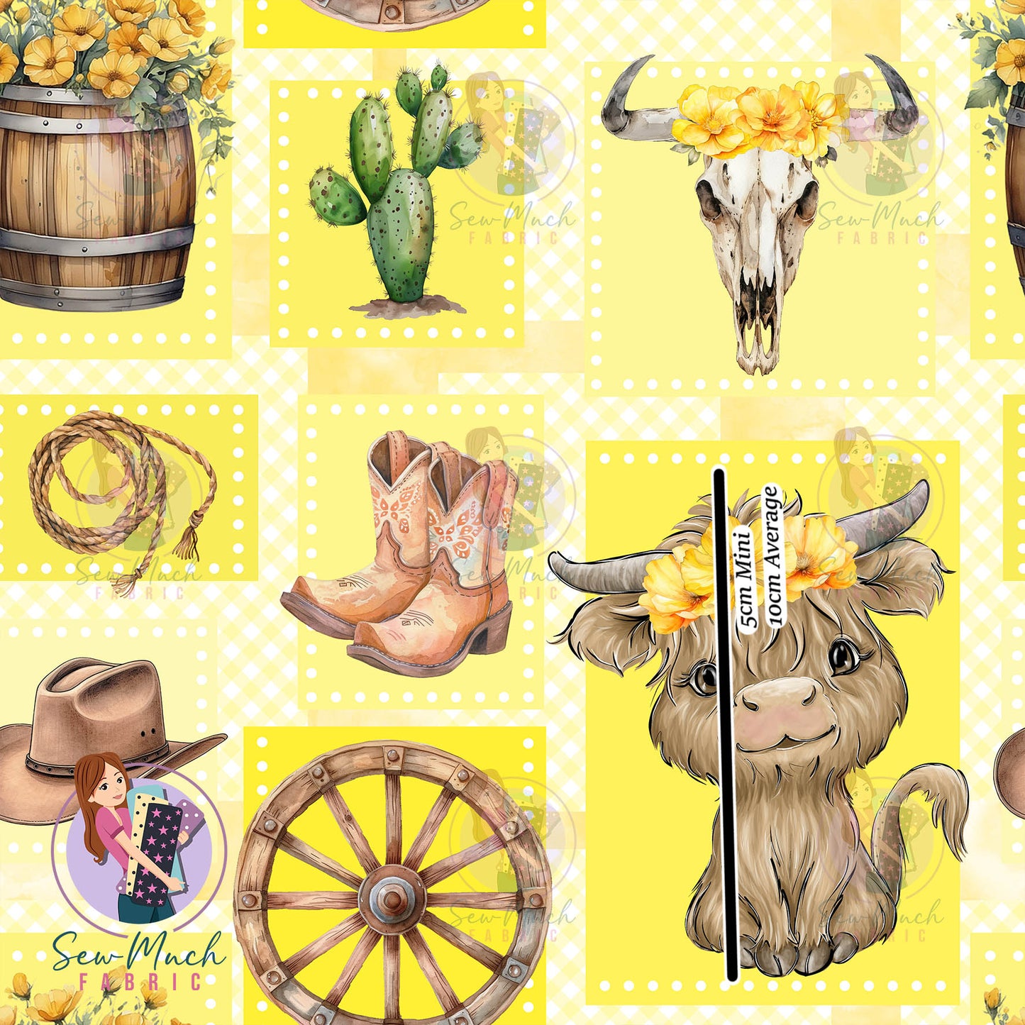 Highland Cows Yellow Patchwork | Woven | Retail | Average Scale