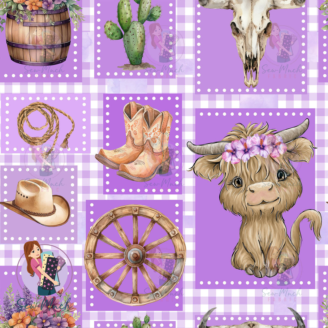 Highland Cow Patchwork Purple | Woven | Retail | Average Scale