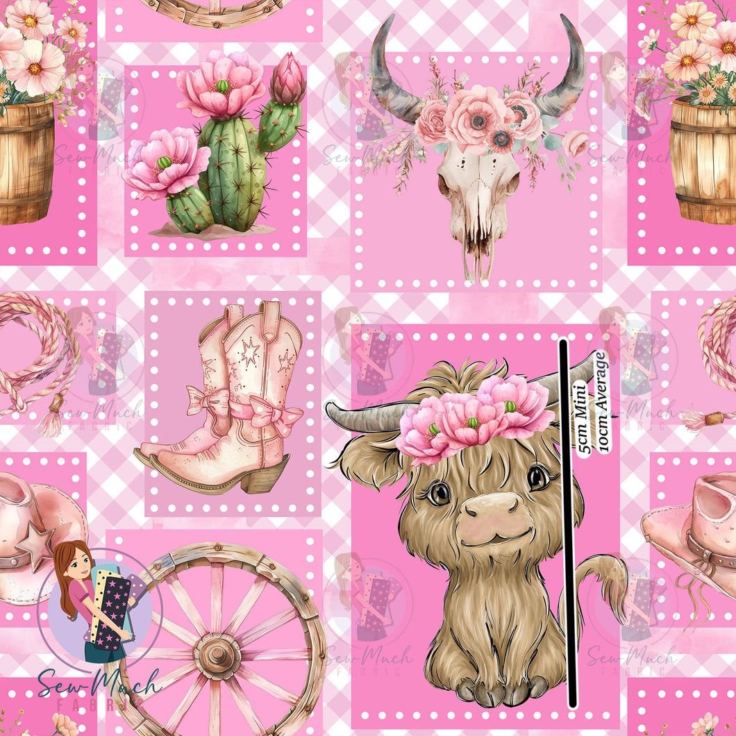 Highland Cow Pink Patchwork | French Terry | Retail | MINI scale