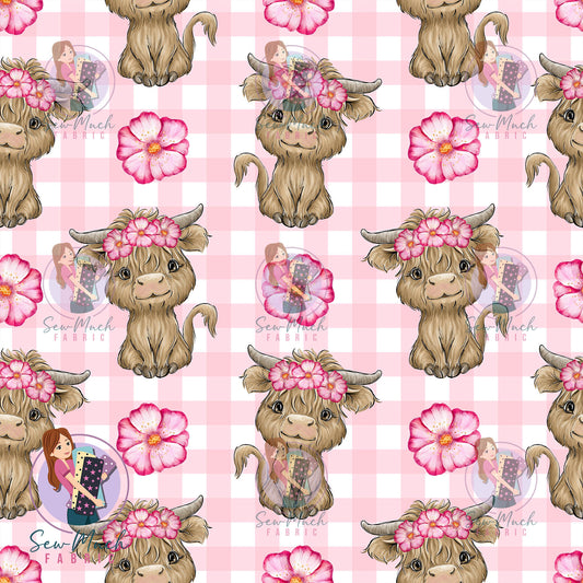 Highland Cow Floral Gingham | Waterproof Canvas | Retail | Average Scale