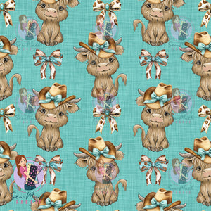 Highland Cow Teal Bows | MINKY | Retail | Average Scale