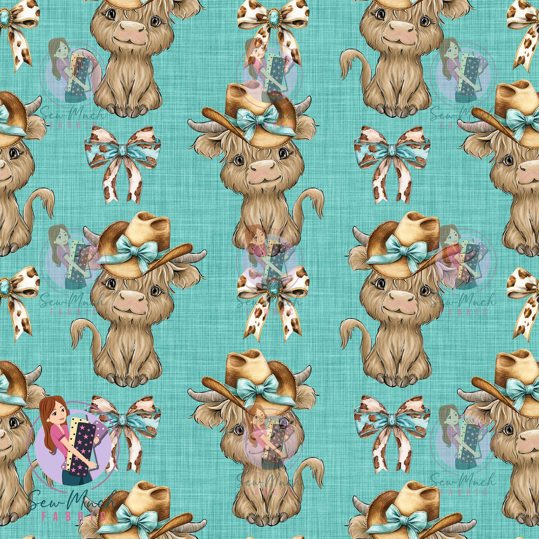 Highland Cow Teal Bows | MINKY | Retail | Average Scale