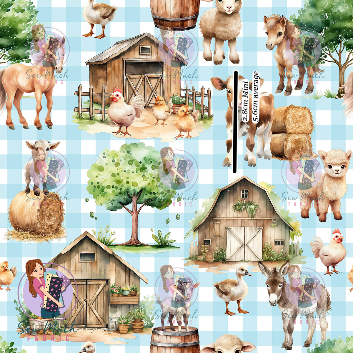 Farm Animals Blue Gingham | Woven | Retail | MINI Scale